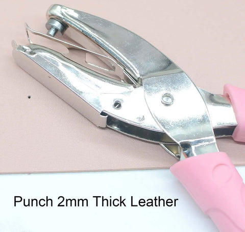 Handheld Paper And Leather Hole Punch, 6.3 Inch Long, One Sixteenth Inch Hole Diameter, Puncher For Paper And Leather Up To About Ten To Fifteen Sheets, Pink Soft Thick Leather Cover, S Circle shown on leather surface