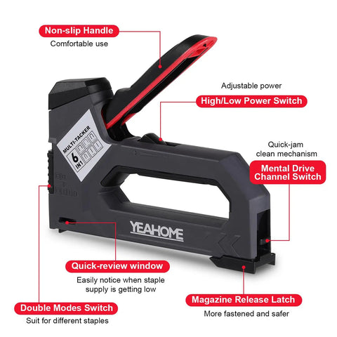 6 in 1 Heavy Duty Staple Gun and Brad Nailer Kit Pro Grade Power Adjustable Drive with labeled features for upholstery and carpentry.