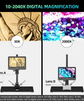 High Power 10.1 Inch HDMI Digital Microscope With 2000X Zoom And 3 Lens System For Soldering, Coins, Plants, And Biological Slides, UHD 2160P Video Capture, Great For Makers And Hobbyists, 30X and 2000X views
