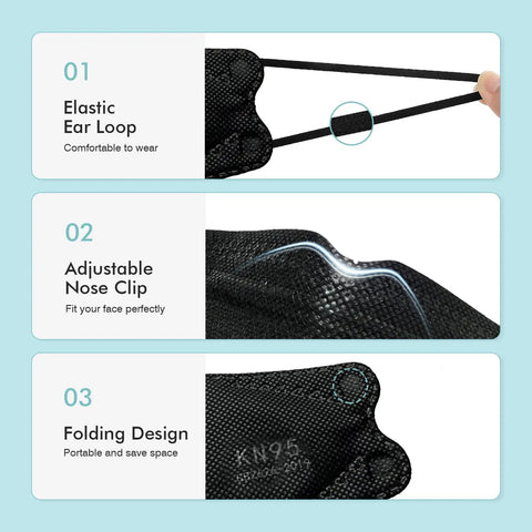 KN95 Face Masks 50 Pack Breathable Cup Dust Disposable Masks For Adults And Teens Comfort Fit With Filtration 95 Percent GB2626 2019 Certified Protective Respirator Masks For Travel Work School And Everyday Use showing elastic ear loop, adjustable nose clip, and folding design features