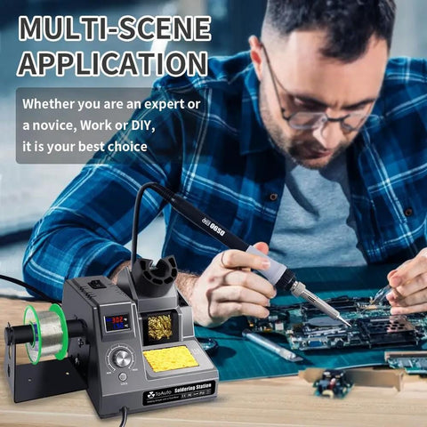Man using Dual Digital Display Soldering Station Kit with 90W Iron 302F to 842F Temperature Range at a workbench