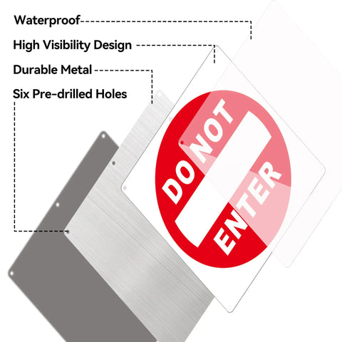 Two Pack Do Not Enter Sign 12x12 Inches Aluminum Reflective No Entry Metal Signage Weather Resistant Easy To Install White And Red Safety Sign For Home, Office, Workshop, And Construction Sites. Front and back aluminum sign with six pre-drilled holes.