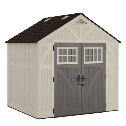 8x7 Ft Outdoor Storage Shed With Floor, Lockable Double Doors, Skylights, 378 Cu Ft Resin Weatherproof Garden Shed For Lawn Tools