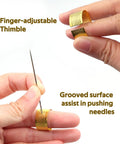 37Pcs Big Eye Steel Sewing Needles Kit With Threader And Repair Tools showing adjustable thimble in use for easy needle handling.