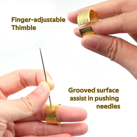 37Pcs Big Eye Steel Sewing Needles Kit With Threader And Repair Tools showing adjustable thimble in use for easy needle handling.