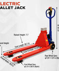 Huge 11023 Lbs Electric Pallet Jack Walkie Truck With Auto Brake And Fast Charge For Heavy Industrial Work Moving Cars And Machinery On Job Sites, detailed specs image showing measurements.