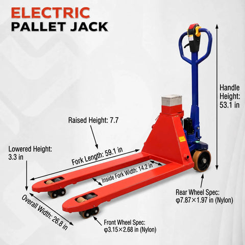 Huge 11023 Lbs Electric Pallet Jack Walkie Truck With Auto Brake And Fast Charge For Heavy Industrial Work Moving Cars And Machinery On Job Sites, detailed specs image showing measurements.