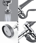 Close-up of commercial sink sprayer with stainless steel hose, ergonomic handle, and pre rinse valve for kitchens and restaurants.
