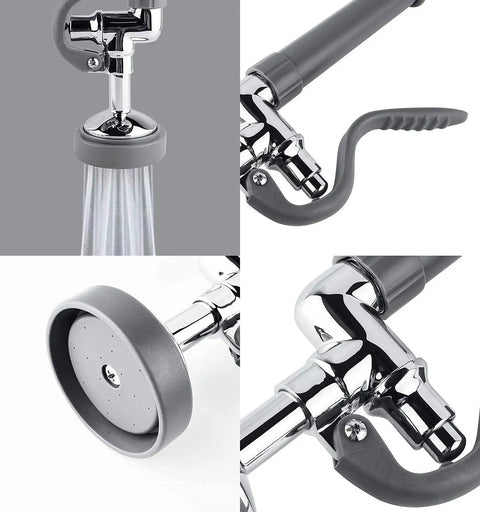 Close-up of commercial sink sprayer with stainless steel hose, ergonomic handle, and pre rinse valve for kitchens and restaurants.