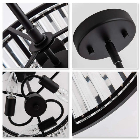Crystal Drum Pendant Light Fixture With 3 Lights In Black Finish Adjustable Height Cylinder Pendant Lights close-up details