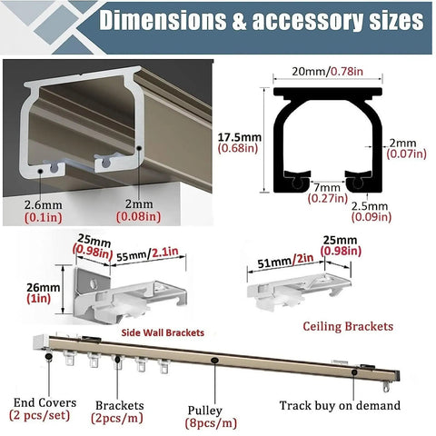 Dimensions and accessory sizes of Heavy Duty Aluminum Curtain Track Ceiling Mount Glides for installations in champagne finish.