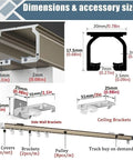Dimensions and accessory sizes for Solid As A Rock Ceiling Mount Curtain Rail With Quiet Aluminum Track.