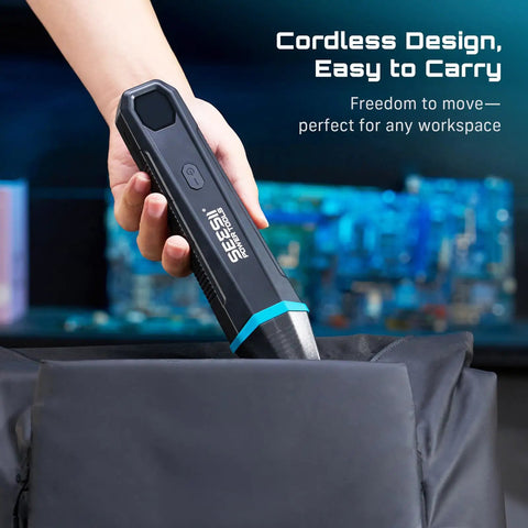 Person holding a Rechargeable Cordless Battery Spot Welder With Visual Display 3360W Max Power 1-99 Gear Settings Copper Tips for easy transport.