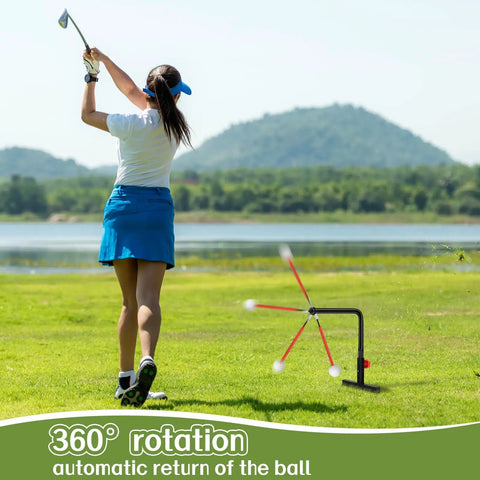 Woman practicing with Indoor Golf Swing Trainer With 3 Height Levels Pro Grade Iron Practice Swing Groover in natural setting