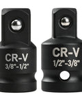 Kickstart Your Garage With This Super Tight Impact Socket Adapter And Reducer Set Featuring 1/2 To 3/8 Plus 3/8 To 1/2 Conversions For Effortless Drill Or Breaker Bar Swaps During Auto Repair Tasks. 2 black CR-V impact adapters, 3/8 to 1/2 and 1/2 to 3/8
