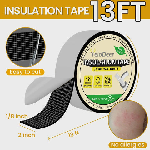 Pipe Insulation Wrap Self Adhesive Foam Tape 2 Inch By 13 Foot For Water Pipes And Outdoor AC Lines Weatherproof Winter Freeze Protection Easy Peel And Stick Design, shown with packaging, labeled details, and allergy note.
