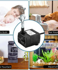 Ultra Quiet 90 GPH Submersible Pump for Small Fountains and Aquariums, shown with pet fountain, desk fountain, and fish tank