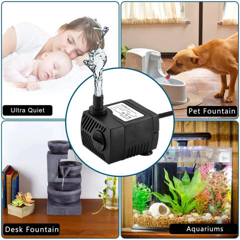 Ultra Quiet 90 GPH Submersible Pump for Small Fountains and Aquariums, shown with pet fountain, desk fountain, and fish tank