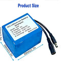 12V 5000mAh Rechargeable Lithium Ion Battery Pack With 2A Fast Charger showing measurements and label details
