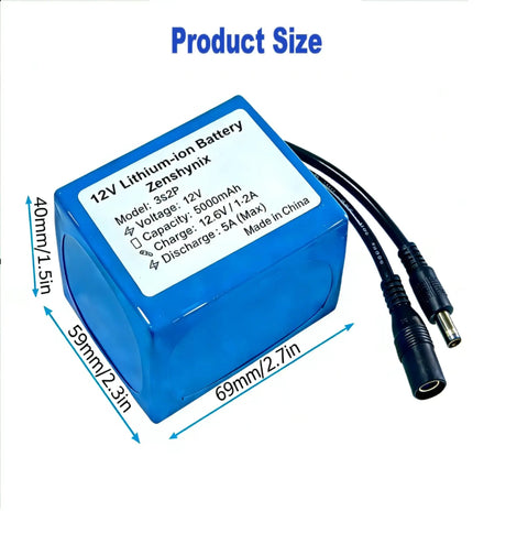 12V 5000mAh Rechargeable Lithium Ion Battery Pack With 2A Fast Charger showing measurements and label details