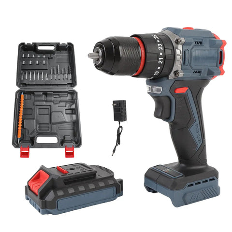 No Fuss Cordless Drill Kit Packing A Smooth Brushless Motor, 1500 Rpm Guts, Badass 45 Nm Torque To Chuck Through Wood And Plastic Effortlessly For Lazy Weekend Remodeling And Slick Diy Projects Us Plug Setup with drill, battery, and case.