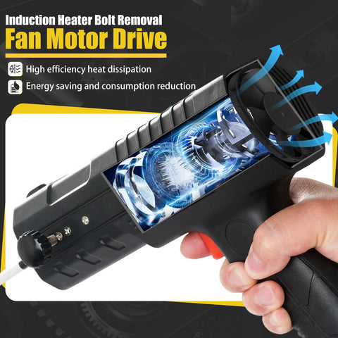 Front view handheld induction heater for bolt removal, black plastic body with blue internal coils and trigger, 1800W