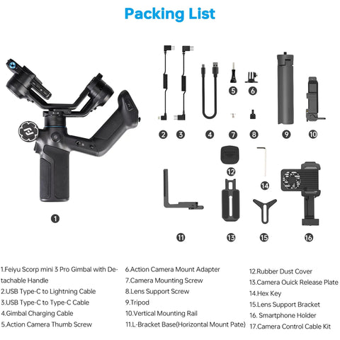 Packing list for All In One Three Axis Gimbal Stabilizer For Camera Smartphone And Action Cam With Built In AI Tracking