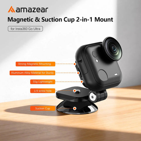 Magnetic Mount For Insta360 GO Ultra With 2-In-1 Magnetic And Suction Holder, Quick Release Aluminum Base Stand in black on table