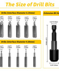 Size chart of drills and magnetic extension in 33 Piece Screw Extractor And Bolt Remover Kit With HSS Drill Bits