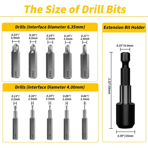 Size chart of drills and magnetic extension in 33 Piece Screw Extractor And Bolt Remover Kit With HSS Drill Bits