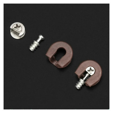 Heavy Duty Cam Lock Pins Set 40-Piece Concealed Cabinet Connectors, brown and silver metal components on black background.