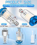 Diagram showing Air Compressor Oil Water Separator Filter with 1/4 Inch NPT Inlet and Outlet, rustproof aluminum and brass fittings.