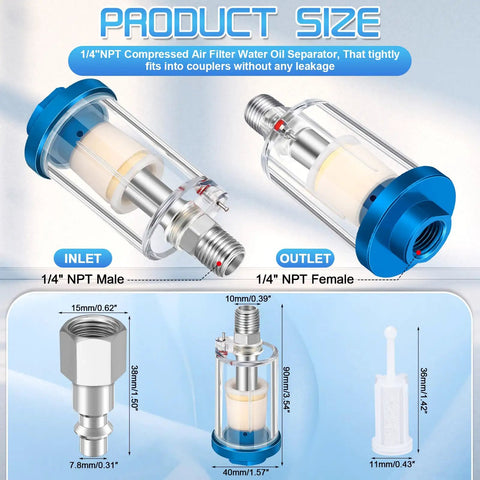 Diagram showing Air Compressor Oil Water Separator Filter with 1/4 Inch NPT Inlet and Outlet, rustproof aluminum and brass fittings.