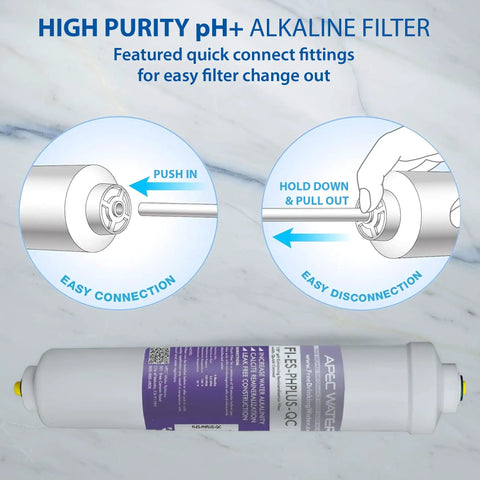 High Capacity Replacement Filter Set For Essence Series Alkaline Reverse Osmosis Water Filter System Stages One Through Three And Six Featuring Five Micron Sediment Filter Ten Micron Carbon Block Filters And Ten Inch US Made PH Plus Calcium Carbonate featuring easy connect fittings.