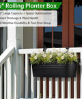 Three Pack 16 Inch Railing Planter Boxes With Detachable Wide Hooks For 2.7 Inch Railings installed on a white balcony rail