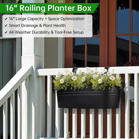 Three Pack 16 Inch Railing Planter Boxes With Detachable Wide Hooks For 2.7 Inch Railings installed on a white balcony rail