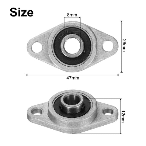 Front and side views of uxcell KFL08 pillow block bearing, 8mm bore, zinc alloy flange mount.
