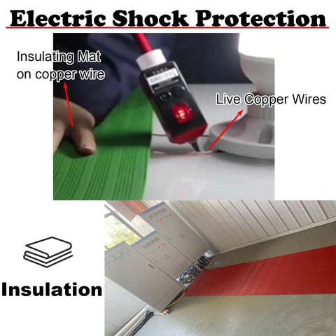Tough As Nails Black Electrical Safety Rubber Mat High Voltage Insulating Floor Pad in use with live copper wires, providing shock resistance.