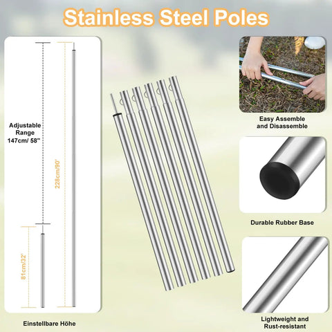 Stainless steel poles for Beefy 16x12 Ft Camping Tarp With Poles Waterproof Canopy Rain Shelter, adjustable heights shown