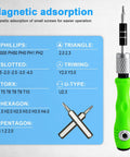 32 In 1 Magnetic Precision Screwdriver Set with green handle and magnetic bits displayed on blue background
