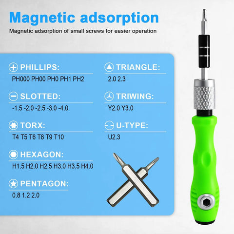 32 In 1 Magnetic Precision Screwdriver Set with green handle and magnetic bits displayed on blue background