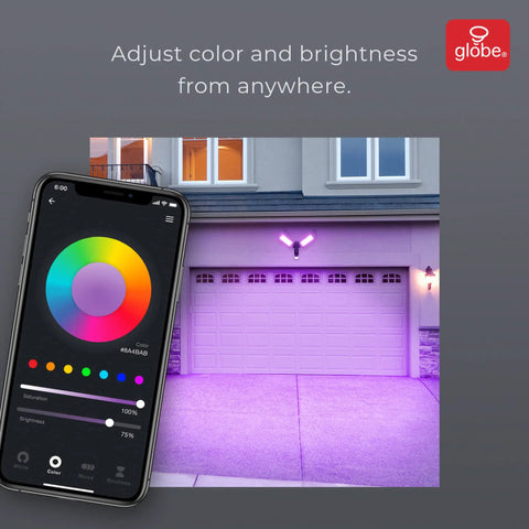 Smart WiFi Security Light With Camera, 24W LED, 1600 Lumens, Motion Sensor, demonstrated with app color control on garage.