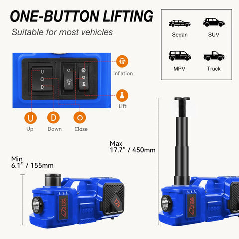 Beefy Heavy Duty Electric Car Jack Kit With Hydraulic Lift 5 Ton, Tire Inflator And Impact Wrench, 12V Floor Jack For Sedans, SUVs, MPVs And Trucks, Ideal For Tire Changes And Garage Repairs. One-button lift controls and 17.7-inch max height, blue steel jack for sedan, SUV, MPV, truck