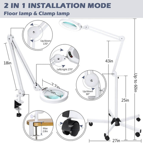 2-in-1 installation of Magnifying Glass With Light And Stand For Salon Esthetics On A Rolling Floor Lamp Base With Five Color Modes