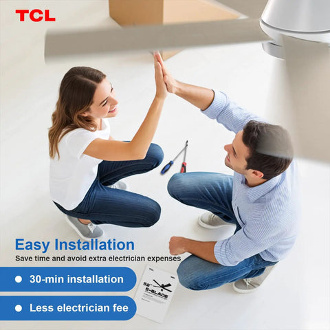 Smiling couple installing a 52 Inch Ceiling Fan With Lights, Dope Reversible Blades, Quiet DC Motor, in a modern room.