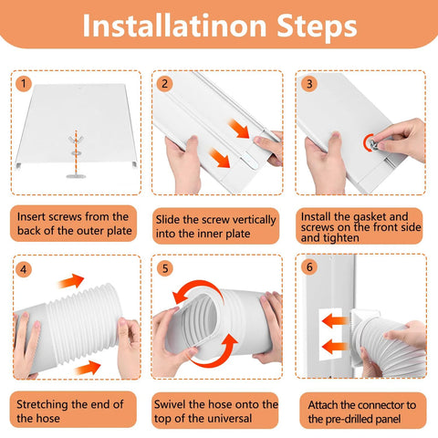 Installation steps for Sliding Door Air Conditioner Vent Kit With Universal Five Point Nine Inch Hose And Coupler For Window Or Sliding Glass Doors Includes Six 17 Inch Panels To Extend Up To Ninety Five Inches Weather Stripping And Airtight Seal For Energy Saving