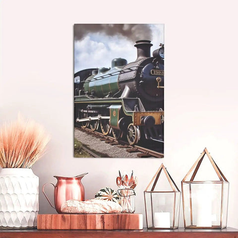 Steam Locomotive Train Wall Art Canvas Print Ready To Hang 12x18 Inch Cotton Canvas Poster above shelf decor.