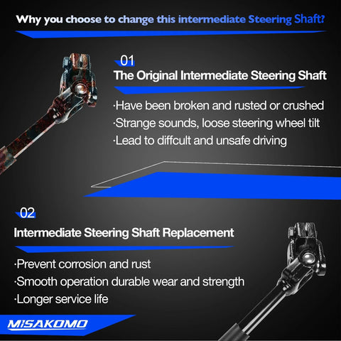 Misakomo 4713943 intermediate steering shaft infographic showing old shaft on left and replacement on right