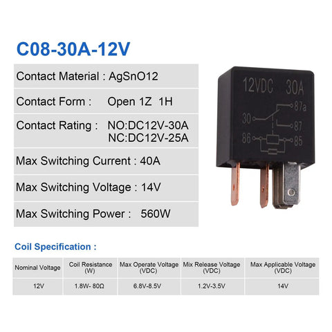 Heavy Duty 12V 30A SPDT 5 Pin Relay Kit Pack of 2 with specifications, black casing