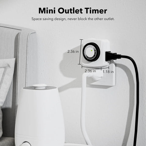 Indoor Outlet Timer 2 Pack Mechanical 2 Prong 24 Hour Mini Lamp Timers plugged into wall with humidifier nearby